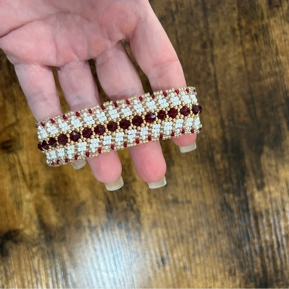 Handmade 3-Row Beaded Bracelet – Red, Ivory & Gold, New